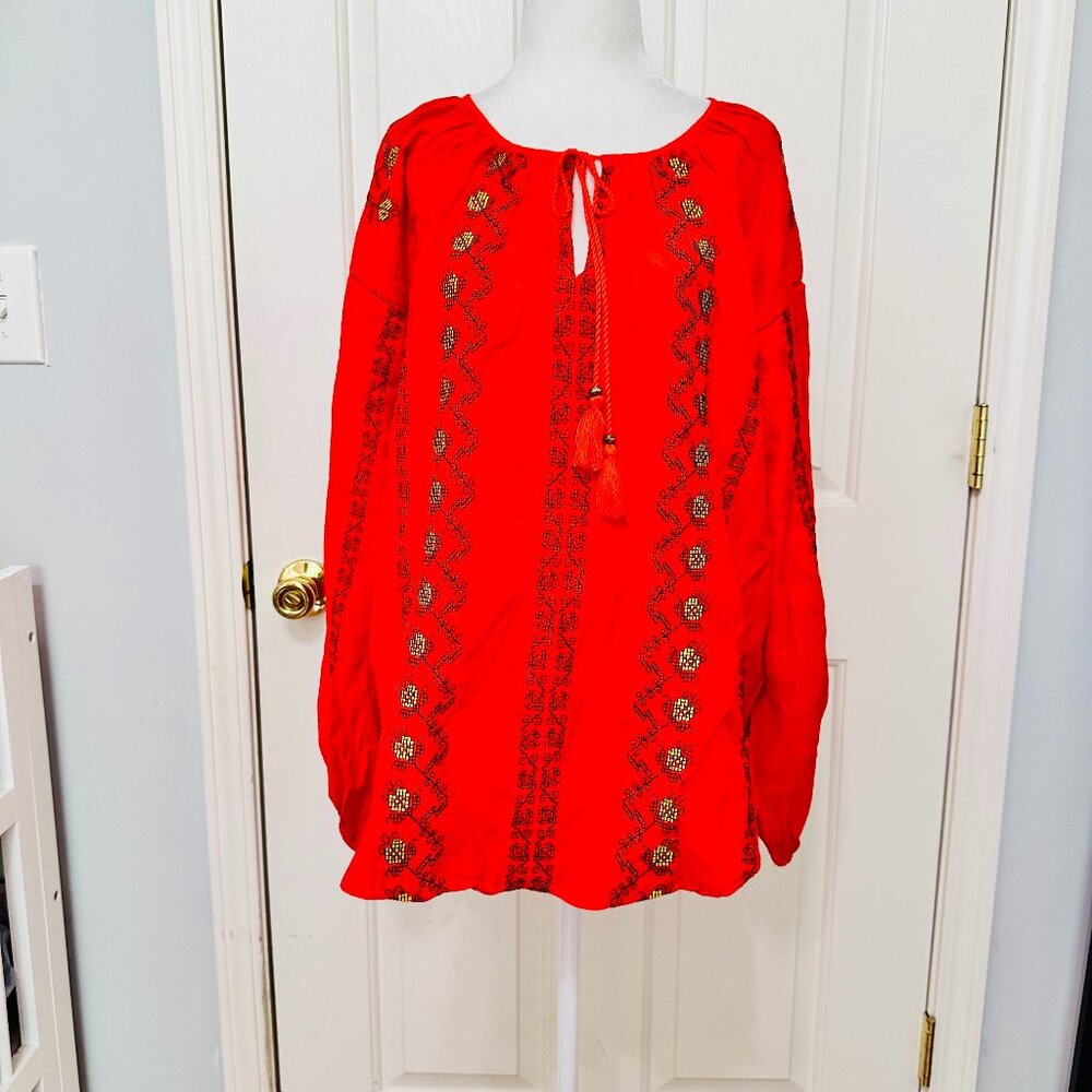 NWOT HAZEL EMBROIDERED LONG SLEEVE BOHO TUNIC TOP ORANGE